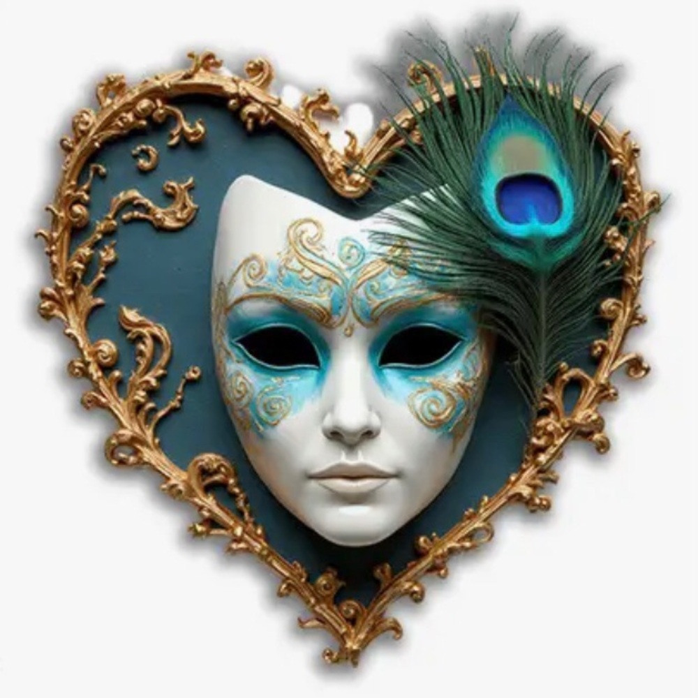 Venetian Masquerade Heart-Shaped Mask with Peacock Feather Magnet, 2D Acrylic
